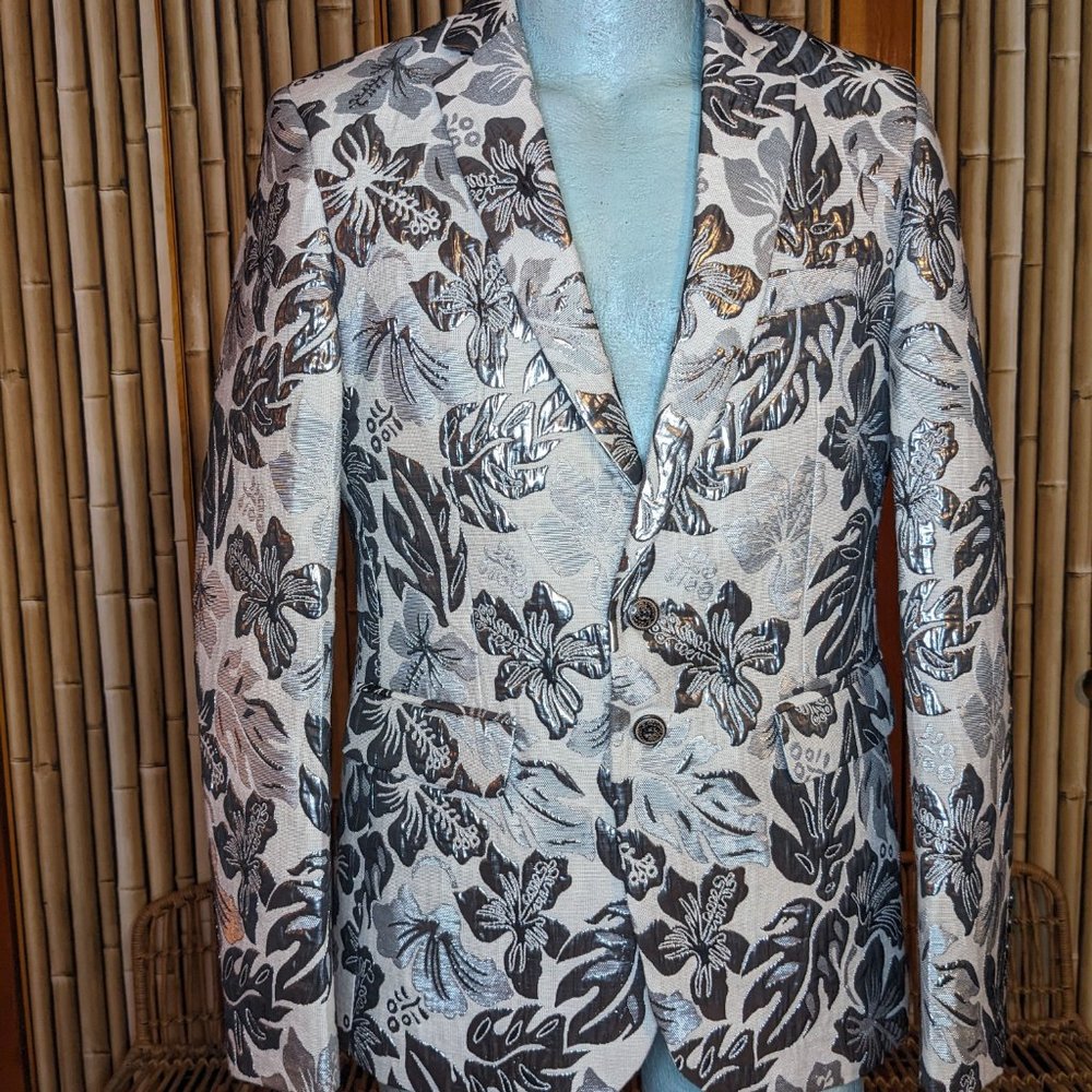 Mens Metallic Silver Hawaiian Tiki Print Blazer Hawaii Glam Unique Custom Made